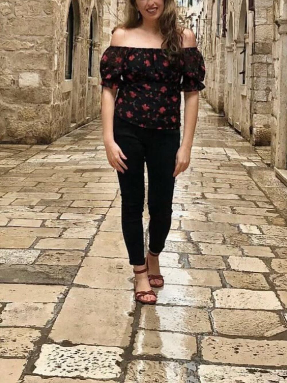 Black Floral Off-the-Shoulder Puff Sleeve Top